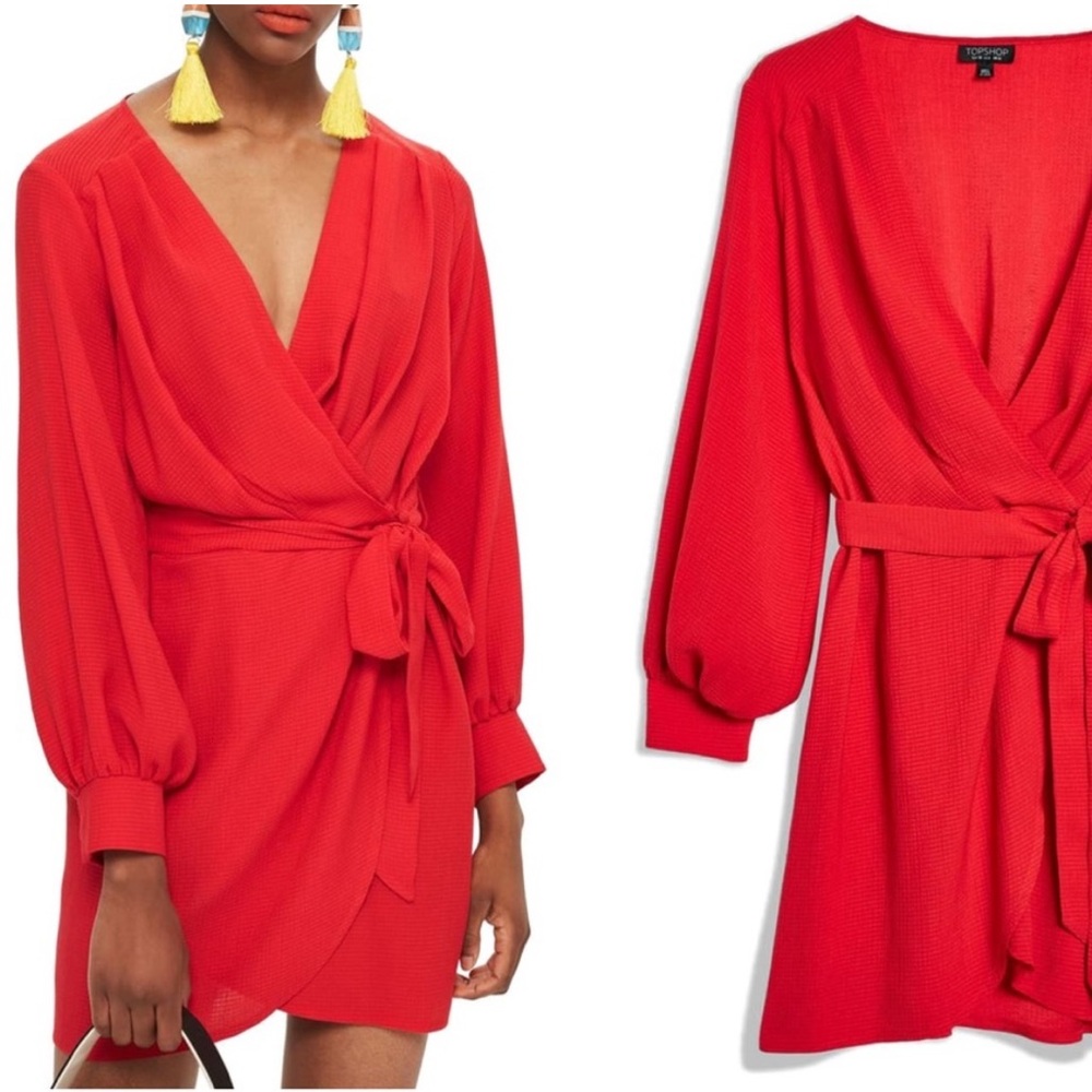 Topshop Red Bubble Satin Wrap Dress Size 8